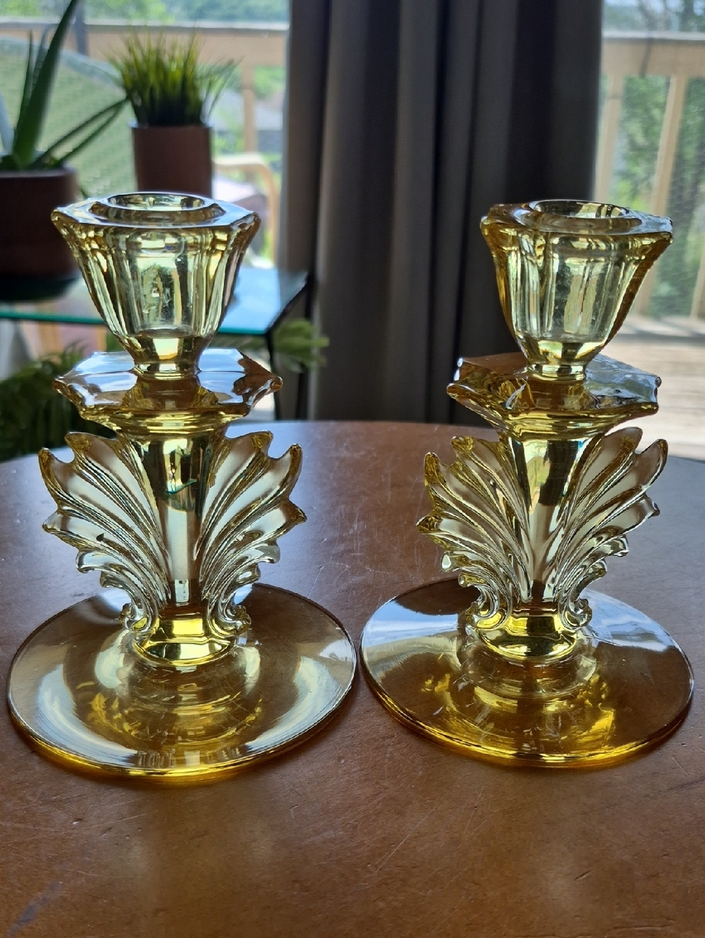 Pair of Vtg. Fostoria Topaz Baroque Glass Candle Holders. 1940's. EUC